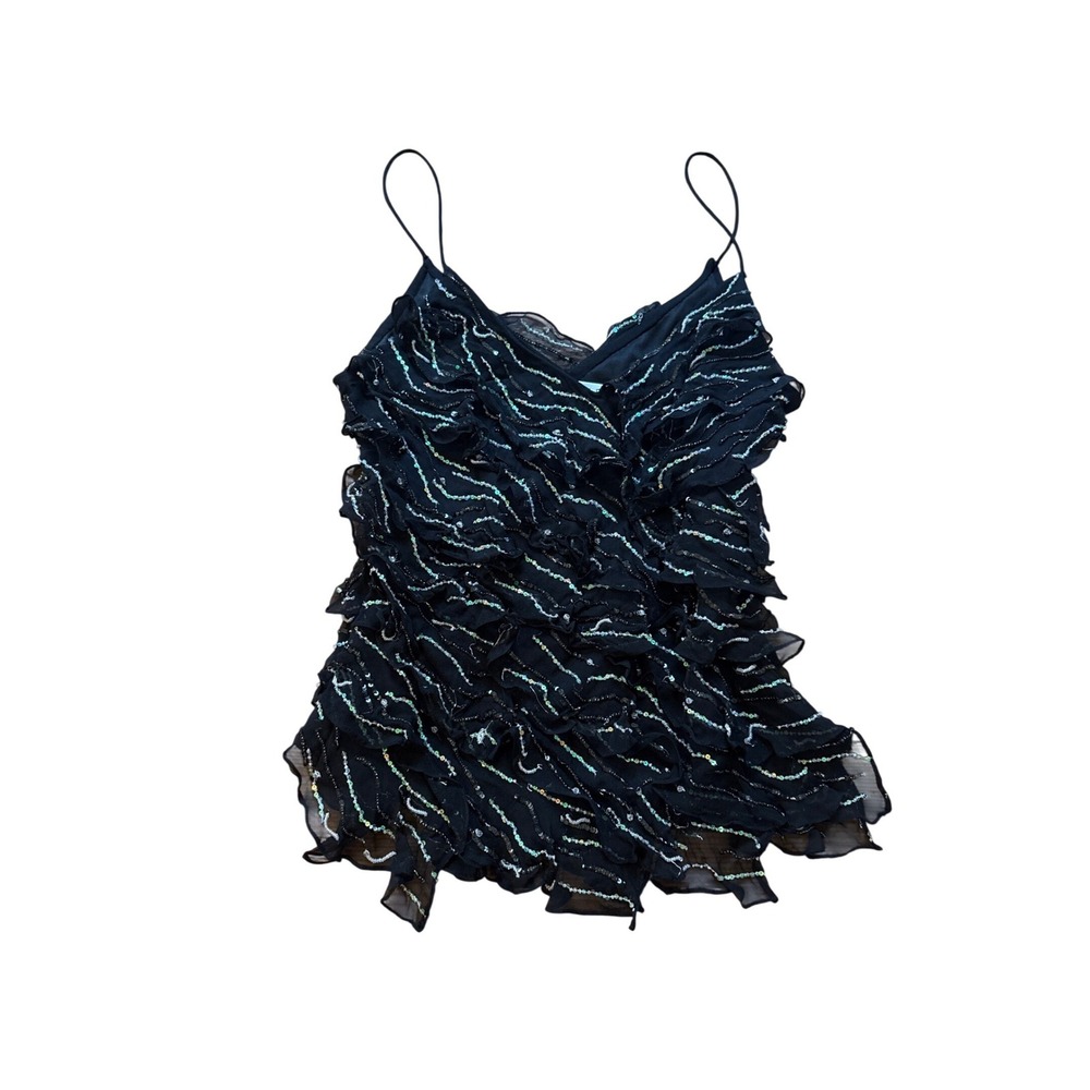 Niteline Camisole Top Women Black Silk Sequin Ruffle‎ Y2K Evening SIZE 12